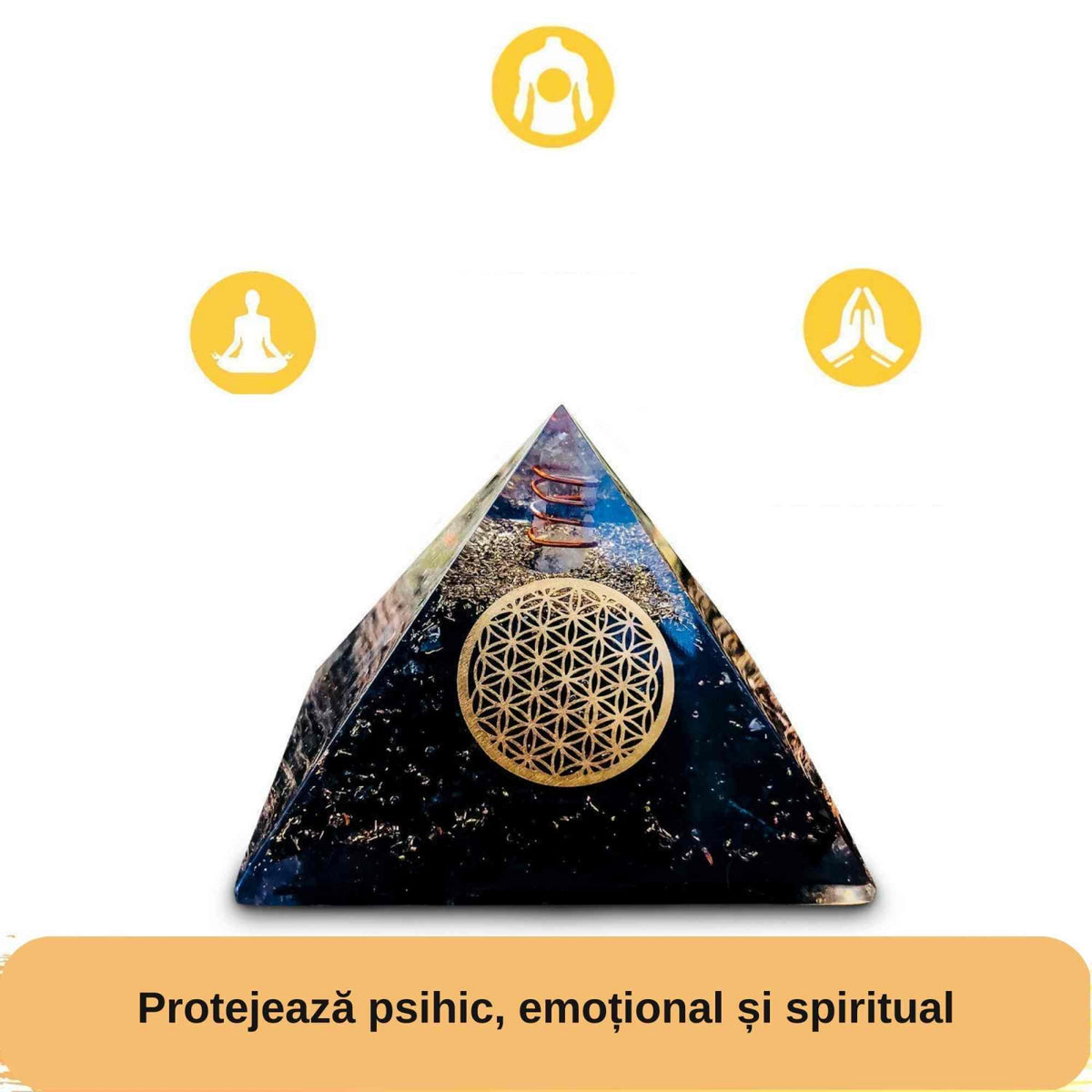 Piramida Orgonica cu Turmalina neagra si simbolul floarea vietii 8 cm – pentru meditatie si trezirea spiritualitatii si a abilitatilor interioare