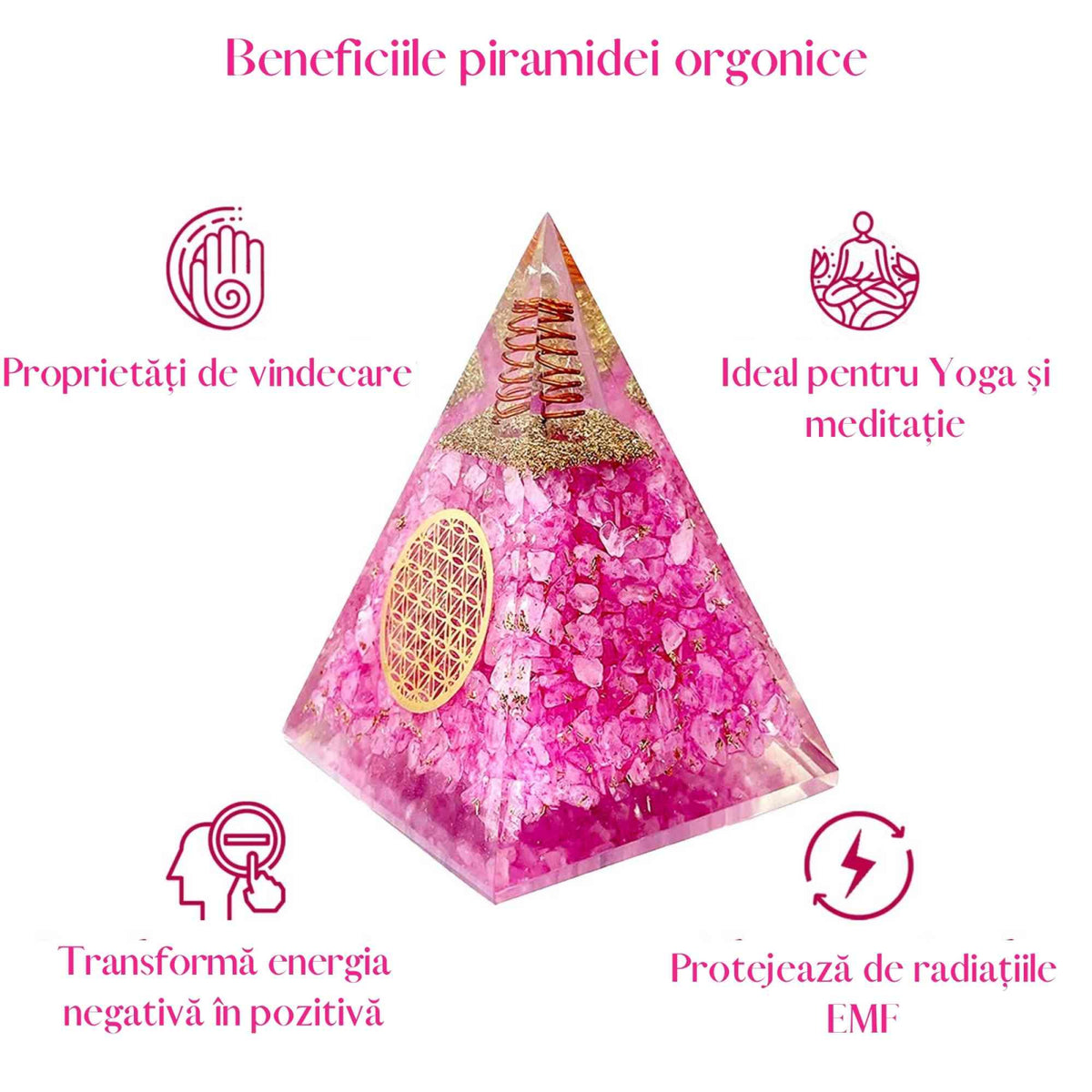 Piramida orgonica cuart roz si simbolul floarea vietii 8 cm – incurajeaza speranta, sensibilitatea, intuitia si abilitatile psihice