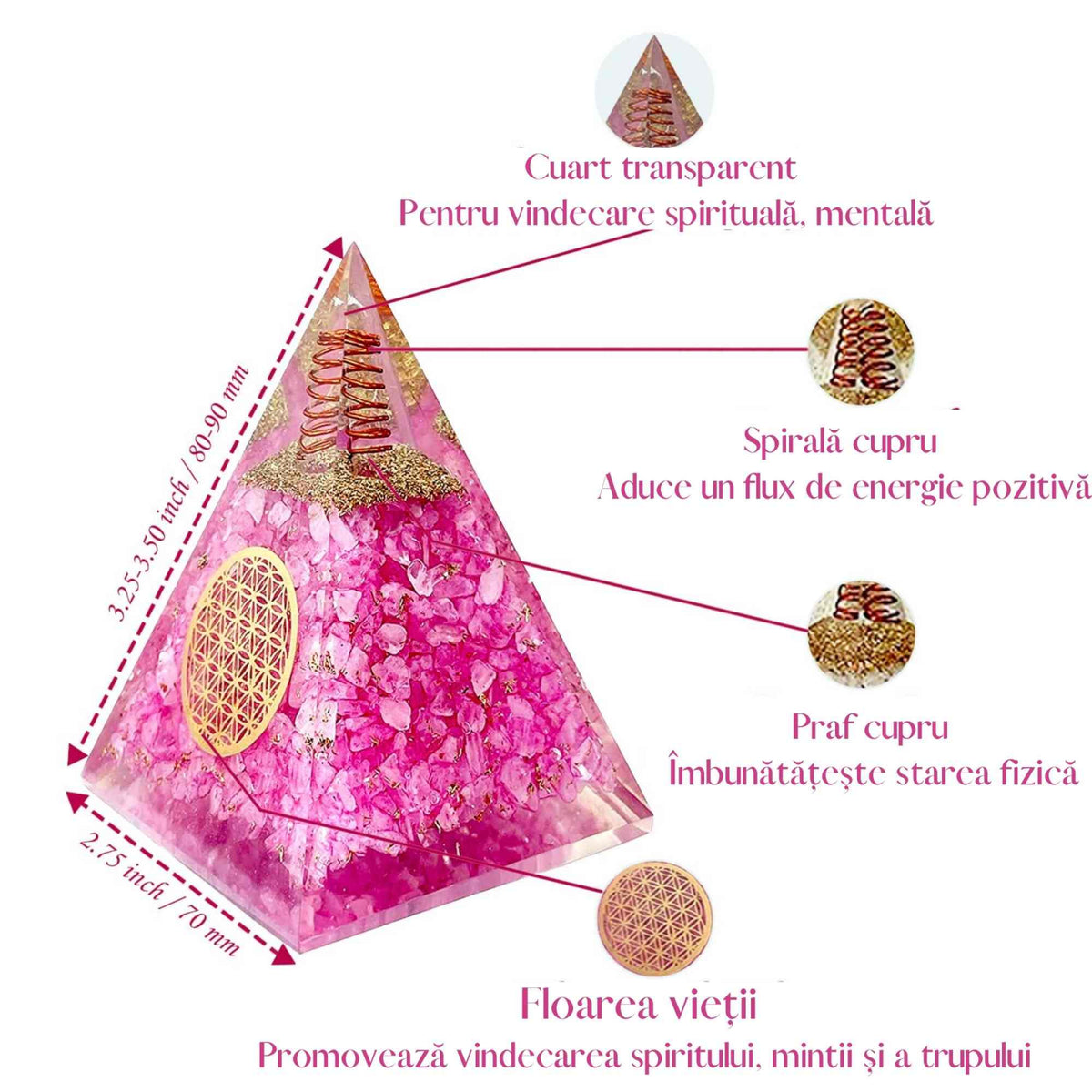 Piramida orgonica cuart roz si simbolul floarea vietii 8 cm – incurajeaza speranta, sensibilitatea, intuitia si abilitatile psihice