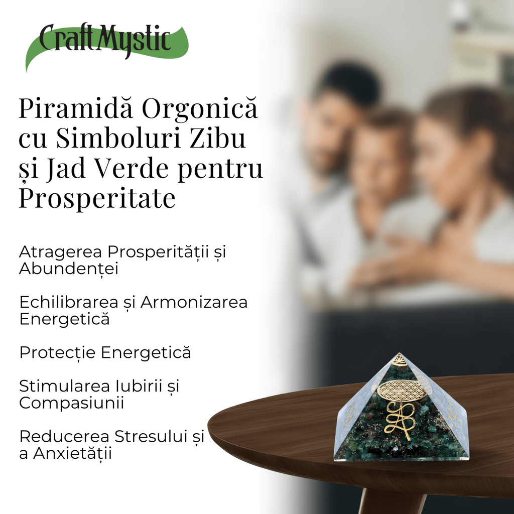 Piramida orgonica cu simboluri Zibu cu Jad verde - Prosperitate
