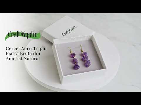 Cercei Aurii cu Triplu Piatra Ametist Brut Natural – Energie, Stil si Unicitate