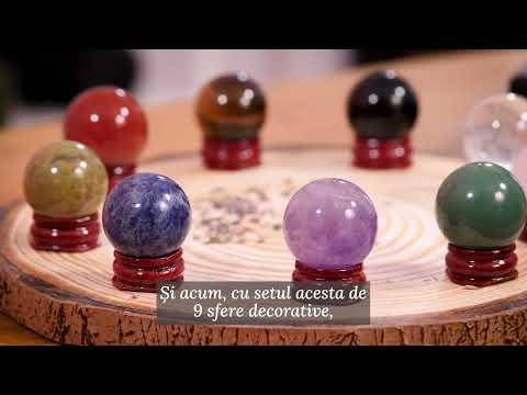 Set 9 sfere din cristale naturale sempretioase in cutie cadou – Pentru decor feng shui, meditatie, astrologie