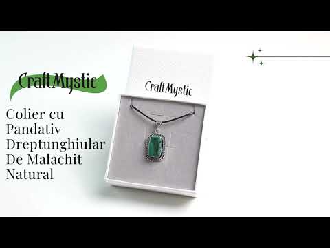 Colier Reglabil cu Pandantiv Argintiu 40mm in Forma Dreptunghiulara din Malachit Natural