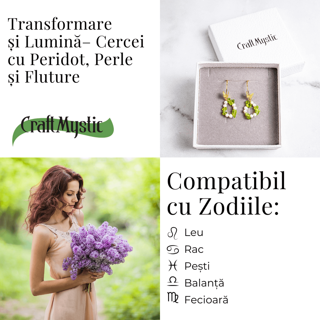 Transformare si Lumina – Cercei cu Peridot, Perle si Fluture