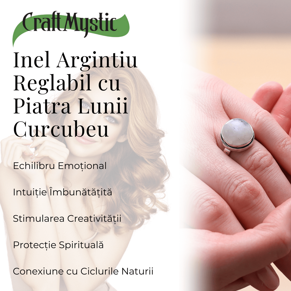 Inel Argintiu Ajustabil cu Piatra Lunii Curcubeu