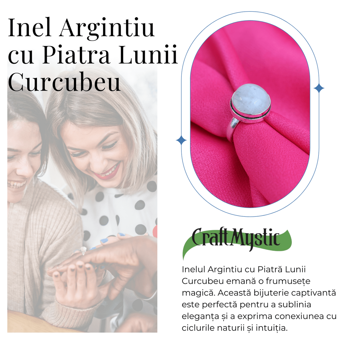 Inel Argintiu Ajustabil cu Piatra Lunii Curcubeu