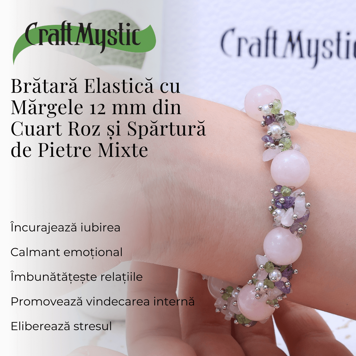 Bratara Ajustabila Cuart Roz 12mm si Pietre Mixte pentru Vindecare