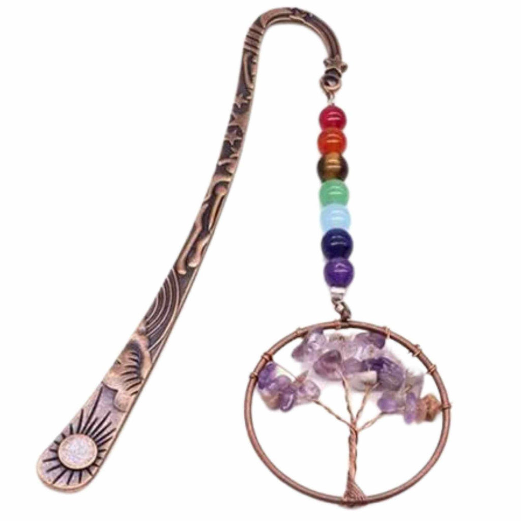  Semn de Carte cu Arborele Vietii si Cele 7 Chakre, Decorat cu Pietricele de Ametist - Un Cadou Spiritual Inedit