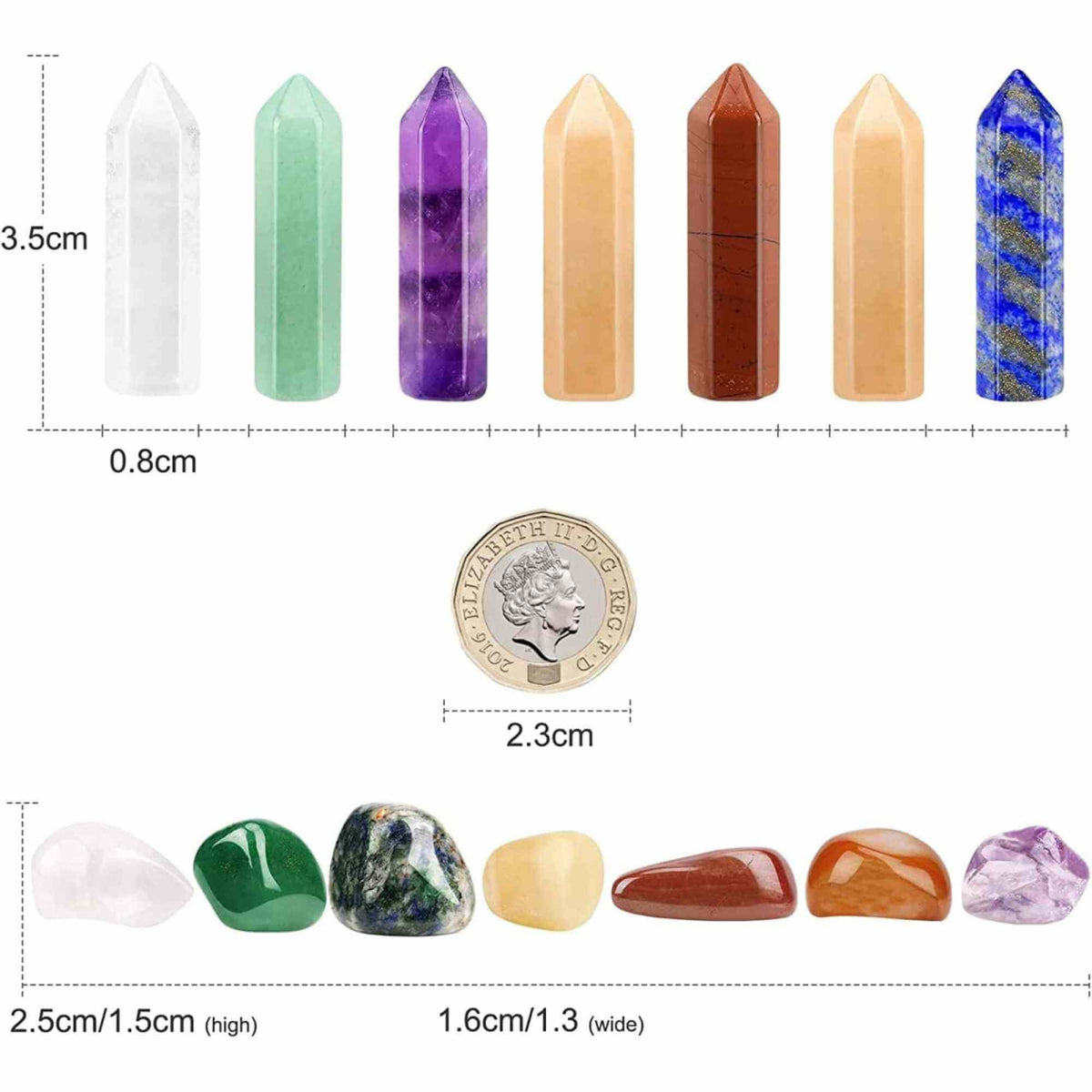 Mini Set cu 7 mini pietre semipretioase polisate si 7 cristale semipretioase hexagonale naturale - cristale vindecatoare pentru meditatie, ameliorarea anxietatii, yoga