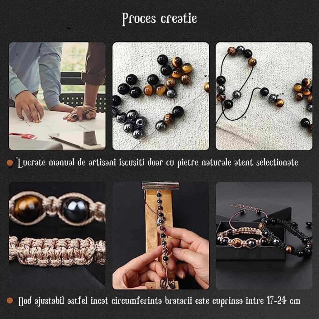 Set 2 bratari cu tripla protectie cu margele 8mm din Ochi de tigru, obsidian negru si hematit - Pentru barbati, femei, copii - Lucrate manual aduc noroc, prosperitate si fericire