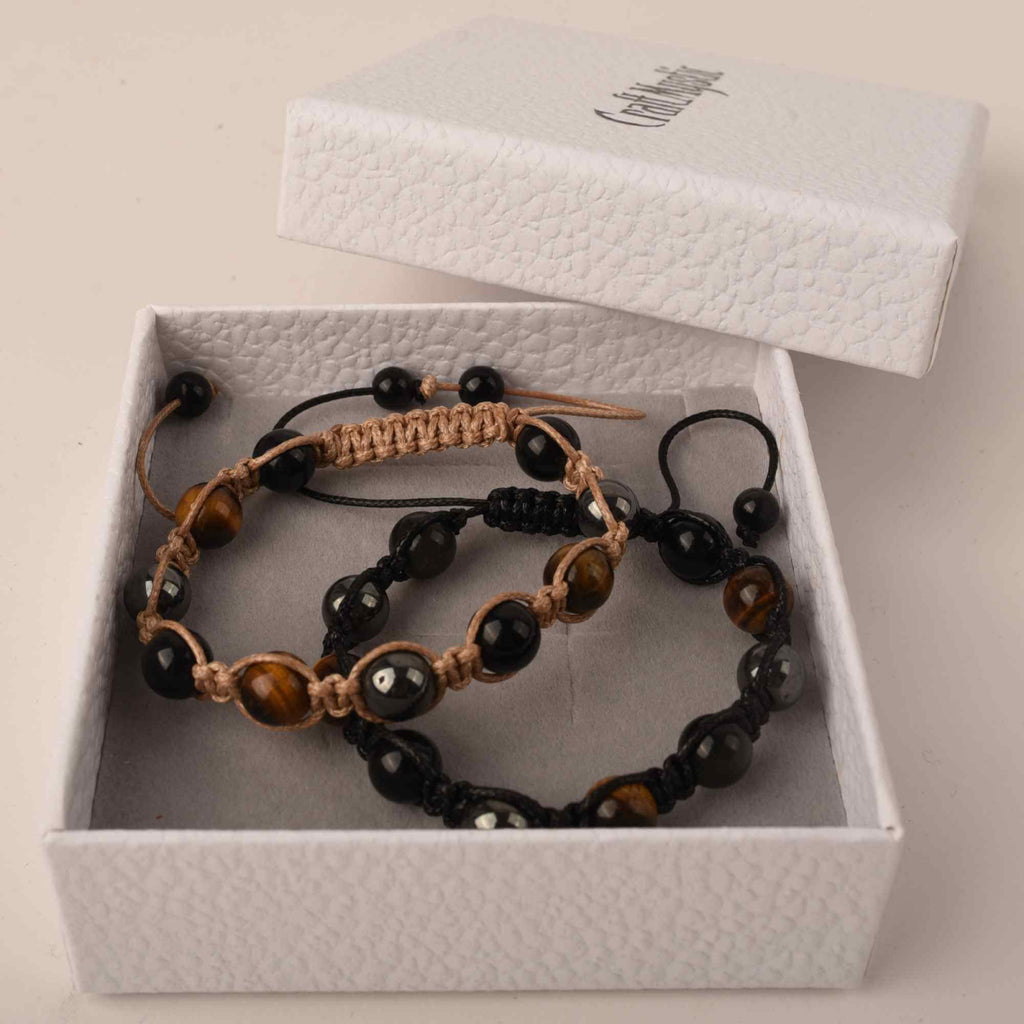 Set 2 bratari cu tripla protectie cu margele 8mm din Ochi de tigru, obsidian negru si hematit - Pentru barbati, femei, copii - Lucrate manual aduc noroc, prosperitate si fericire
