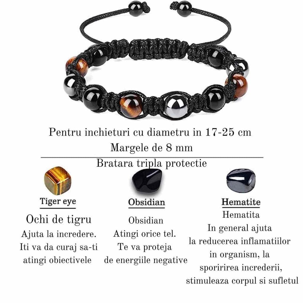 Set 2 bratari cu tripla protectie cu margele 8mm din Ochi de tigru, obsidian negru si hematit - Pentru barbati, femei, copii - Lucrate manual aduc noroc, prosperitate si fericire