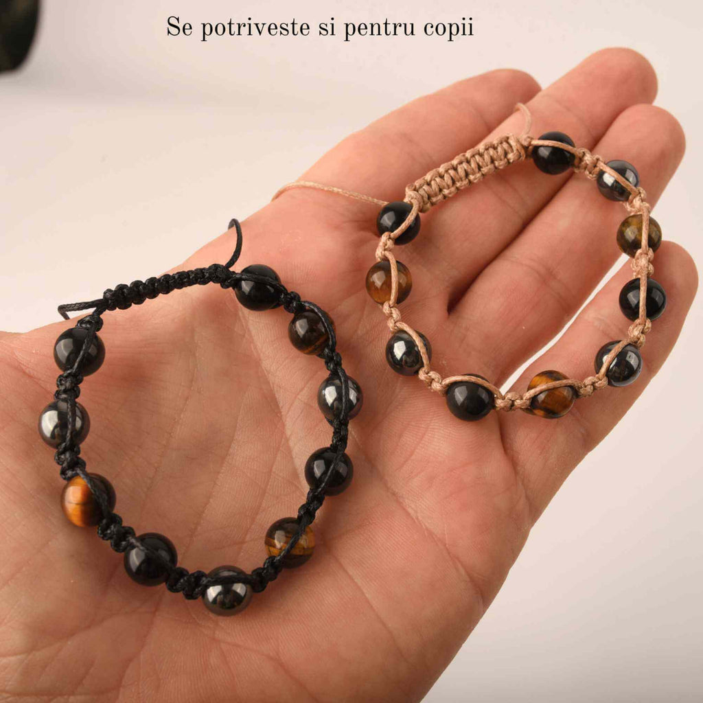Set 2 bratari cu tripla protectie cu margele 8mm din Ochi de tigru, obsidian negru si hematit - Pentru barbati, femei, copii - Lucrate manual aduc noroc, prosperitate si fericire