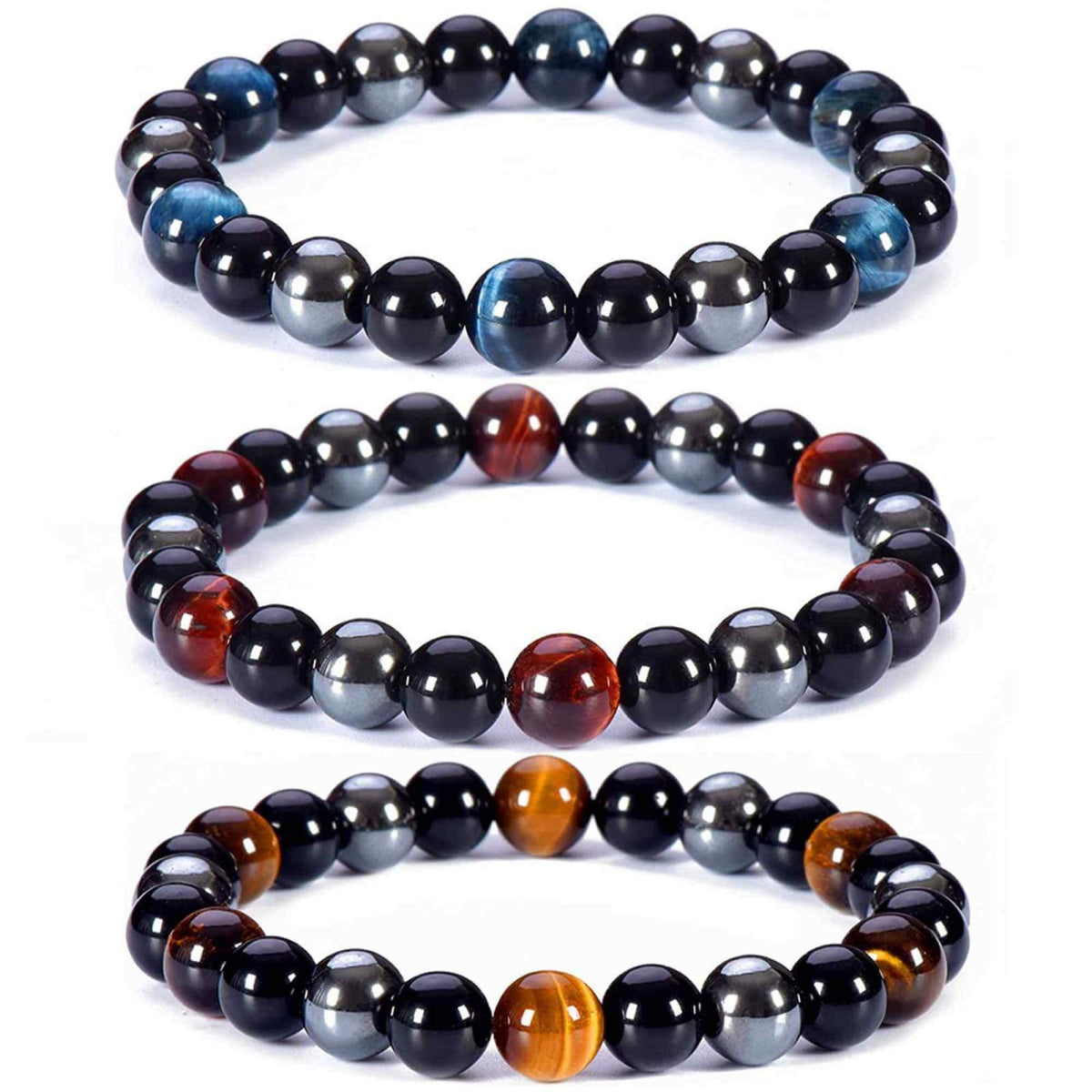 Set 3 Bratari cu Tripla Protectie, Bratara cu Margele de Cristal Vindecator de 8 mm, Bratara din Obsidian Hematit Ochi de Tigru Albastru Rosu pentru Femei si Barbati