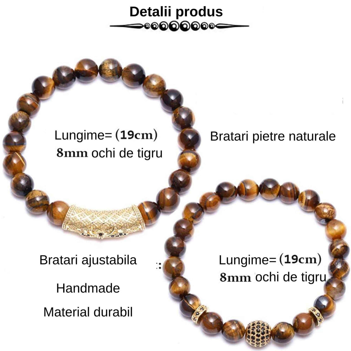 Set 2 Bratari elastice cu pietre semipretioase ochi de tigru de 8 mm – bratara pentru meditatie, yoga, reiki