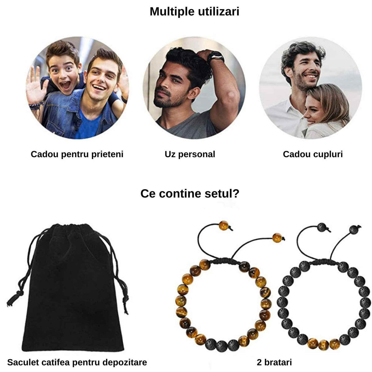 Set 2 bratari reglabile din piatra naturala ochi de tigru si piatra de lava neagra 8mm - Bratara vindecatoare, aromaterapie, difuzor de uleiuri esentiale