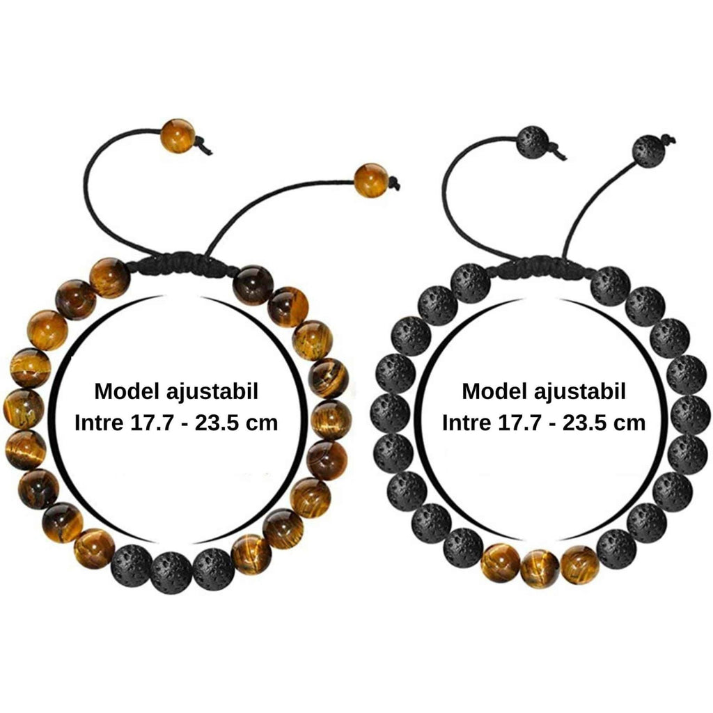 Set 2 bratari reglabile din piatra naturala ochi de tigru si piatra de lava neagra 8mm - Bratara vindecatoare, aromaterapie, difuzor de uleiuri esentiale