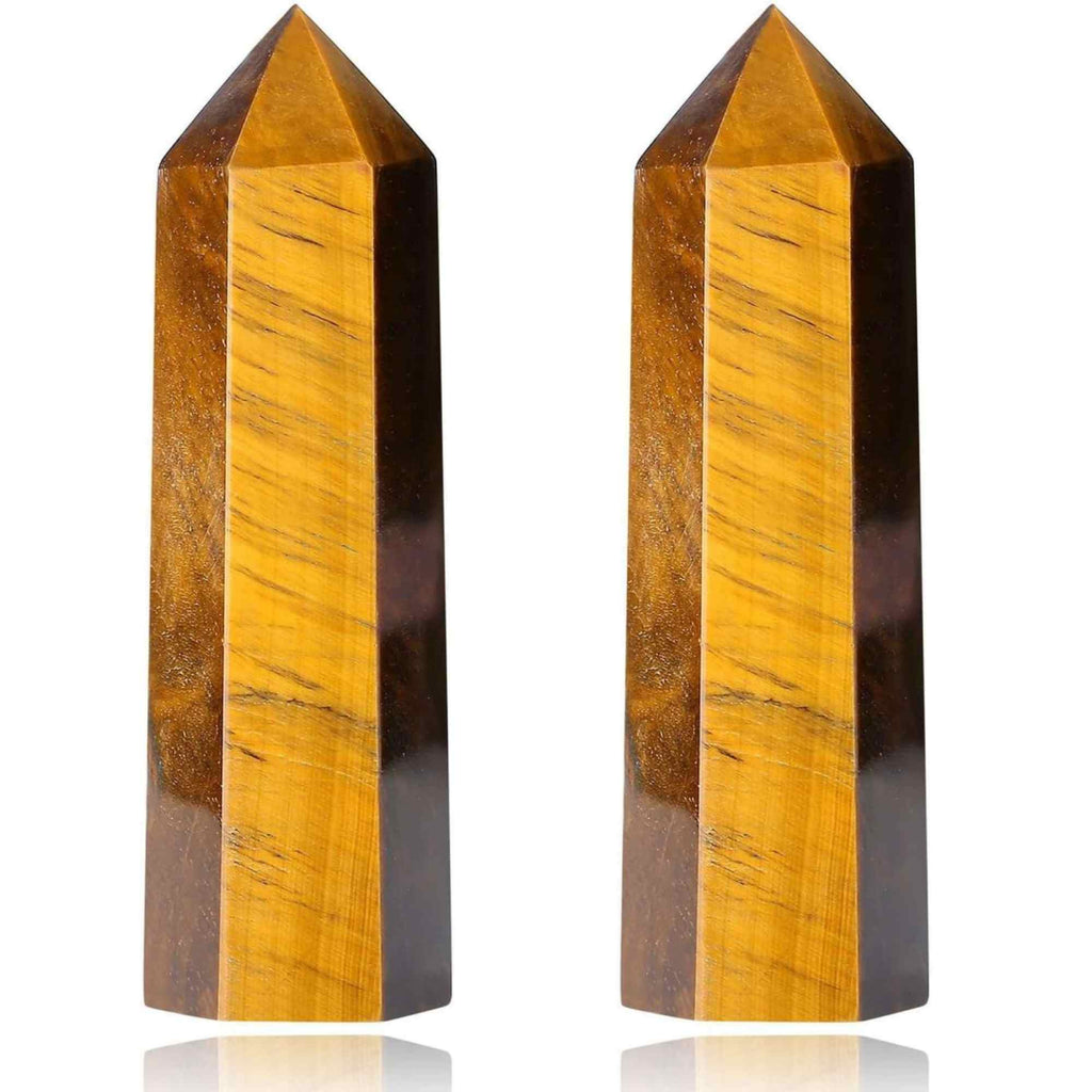 Set 2 turnuri din cristale semipretiose vindecatoare hexagonale Ochi de tigru - Obelisc cu inaltimea de 6 cm