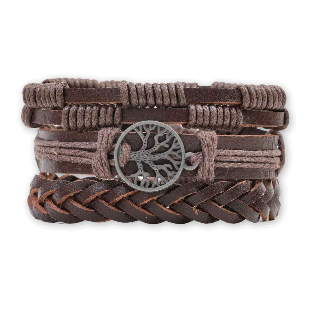 Set 3 Brățări Inedite cu Arborele Vieții si piele sintetica maro– Stil și Protecție
