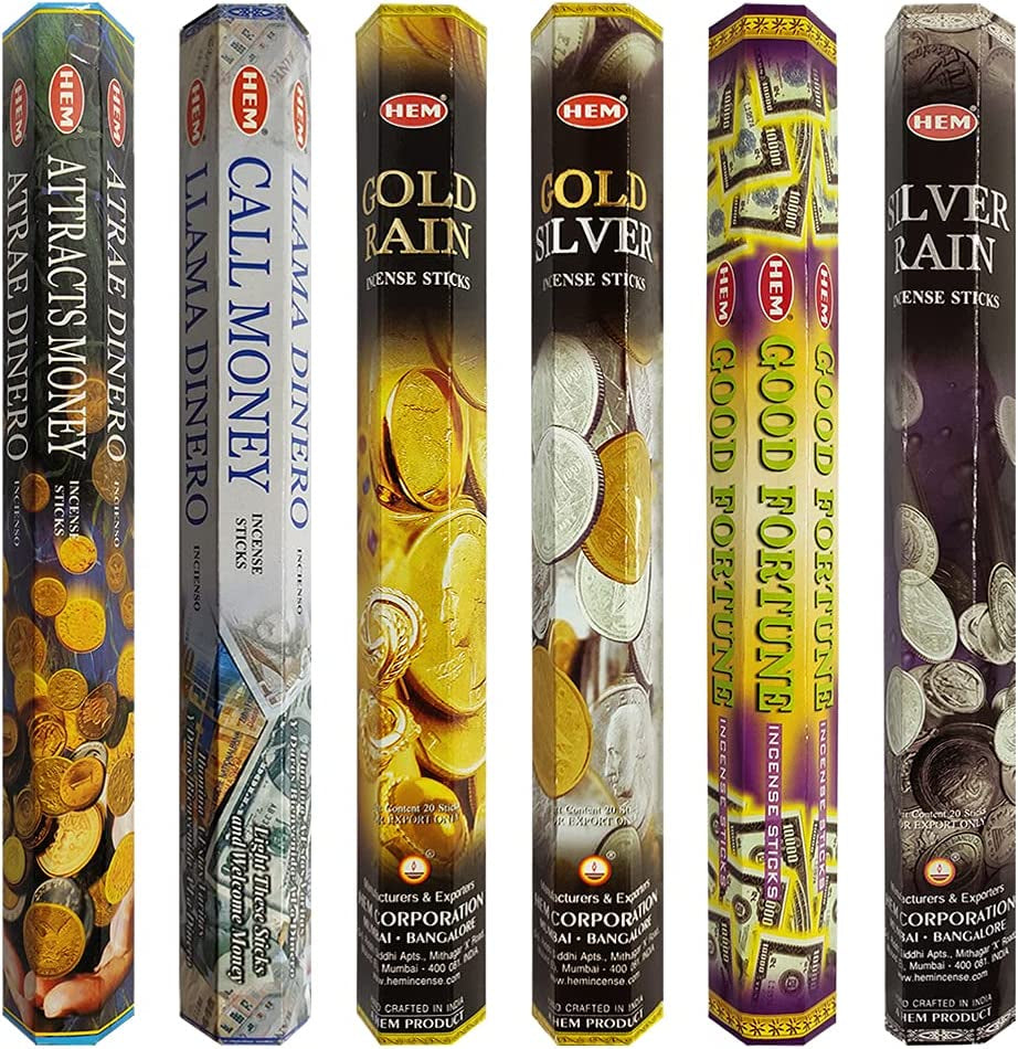 Set 6 pachete mix betisoare parfumate cu cele mai apreciate 6 parfumuri HEM cu tematica bani si noroc + suport pentru betisoare