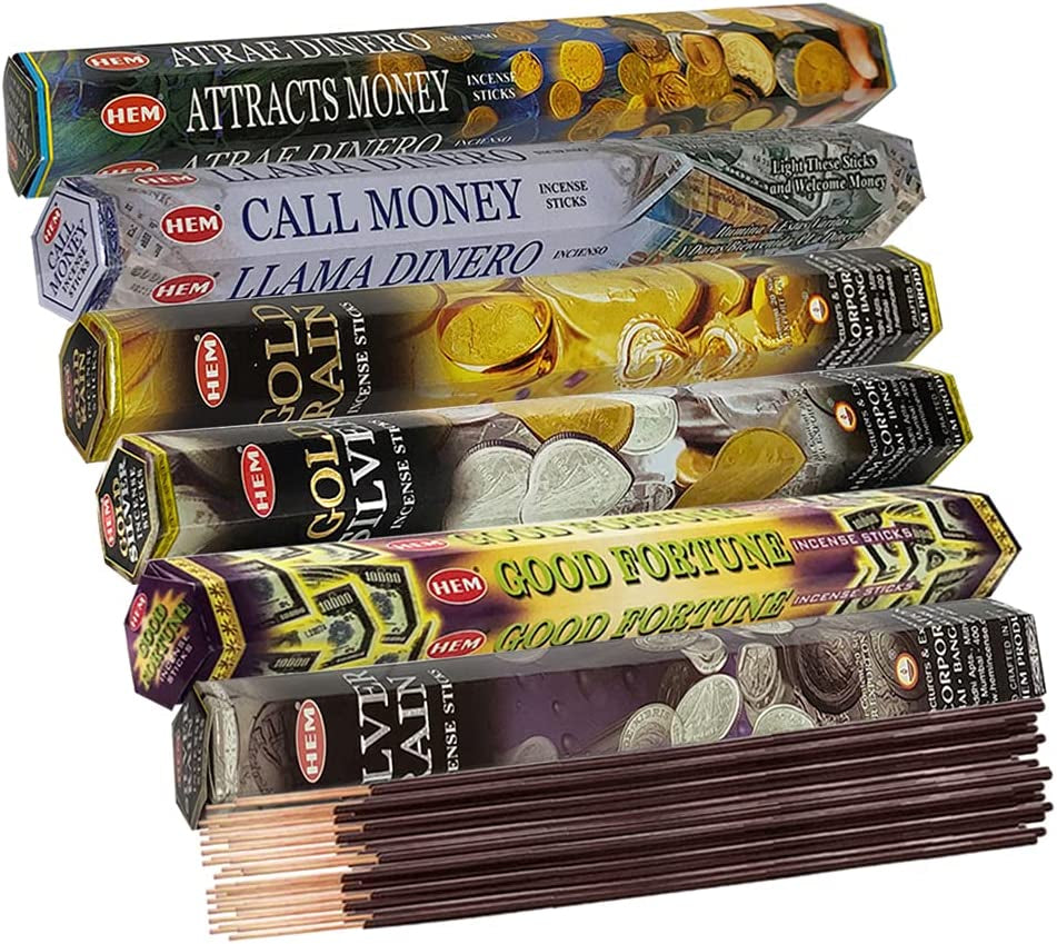 Set 6 pachete mix betisoare parfumate cu cele mai apreciate 6 parfumuri HEM cu tematica bani si noroc + suport pentru betisoare