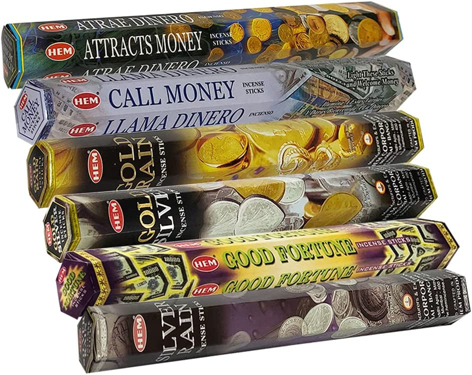Set 6 pachete mix betisoare parfumate cu cele mai apreciate 6 parfumuri HEM cu tematica bani si noroc + suport pentru betisoare