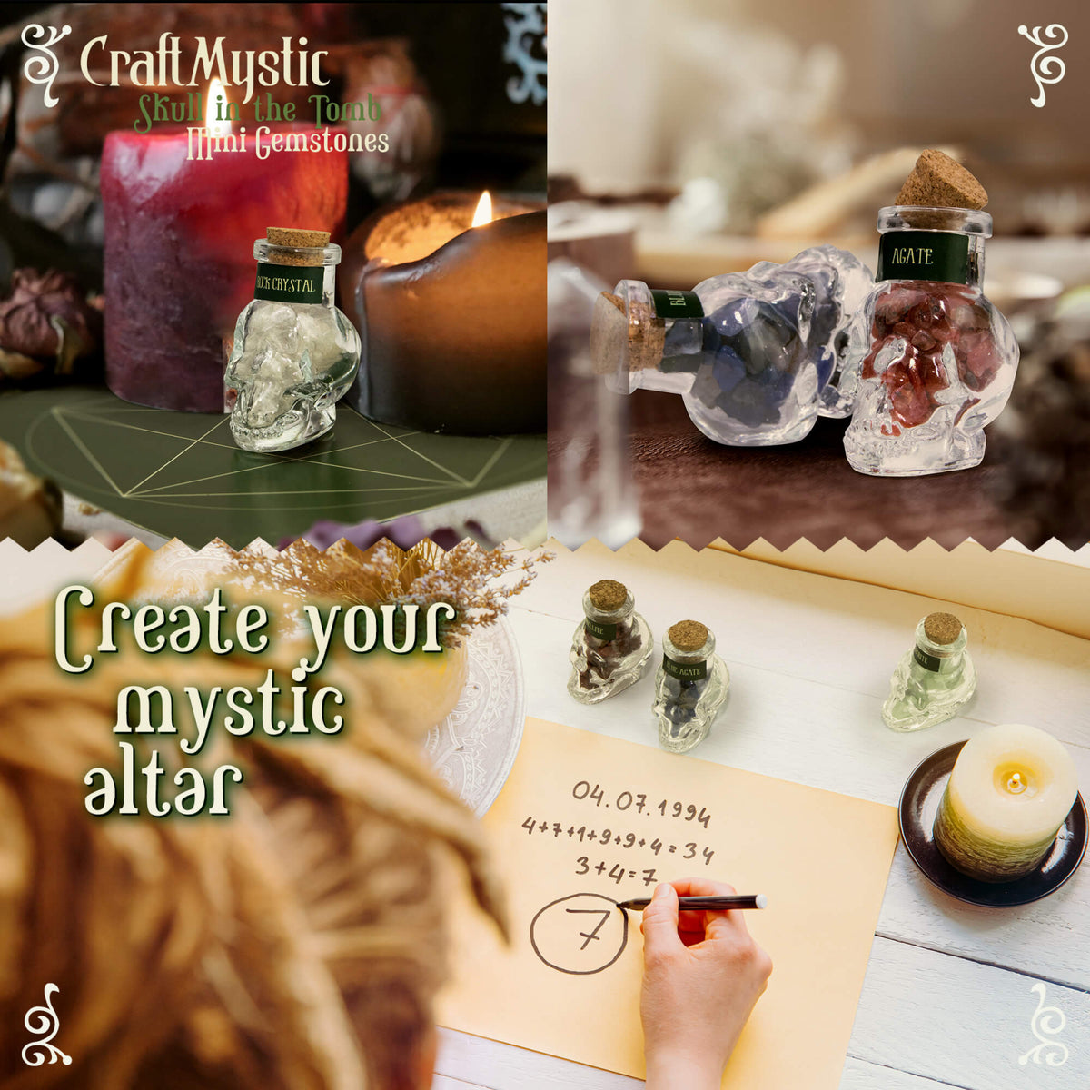 Set 14 Mini Cristale Naturale in sticlute cu forma de craniu – Un cadou perfect pentru incepatori in magie si vindecare spirituala - Cristale si pietre chakra Wiccan