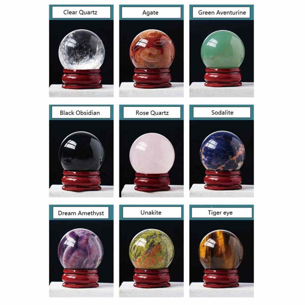Set 9 sfere din cristale naturale sempretioase in cutie cadou – Pentru decor feng shui, meditatie, astrologie
