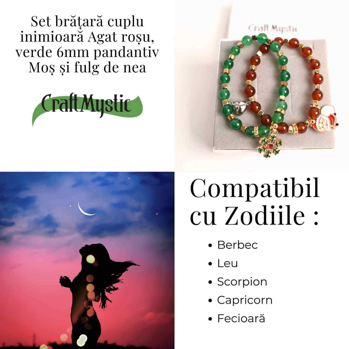 Set bratari cuplu Agat rosu, verde cu accesoriu Mos Craciun si fulg de nea - iubire si protectie