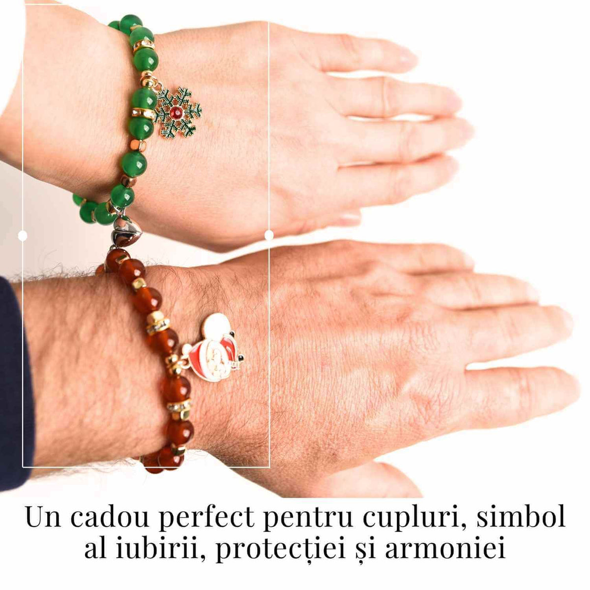 Set bratari cuplu Agat rosu, verde cu accesoriu Mos Craciun si fulg de nea - iubire si protectie