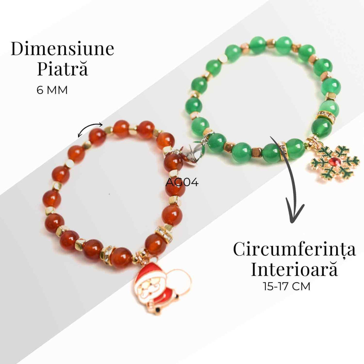 Set bratari cuplu Agat rosu, verde cu accesoriu Mos Craciun si fulg de nea - iubire si protectie