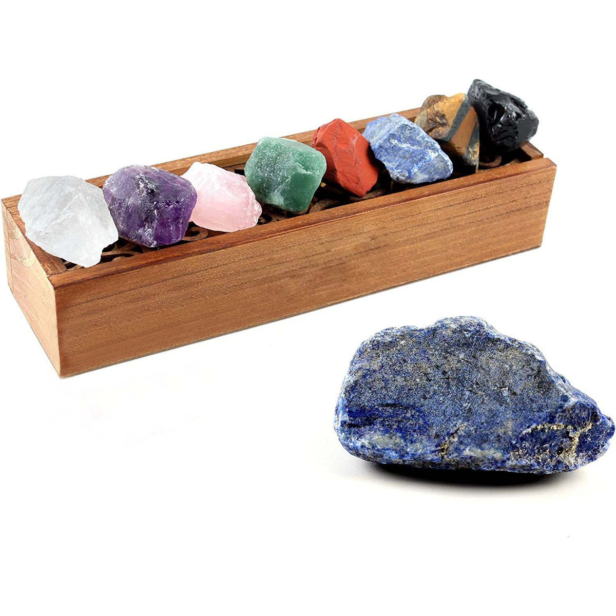 Set 8 pietre semipretioase chakra in cutie de lemn - Cristale reiki de vindecare din piatre naturale brute pentru meditatie, echilibrarea chakrelor sau ritualuri magice
