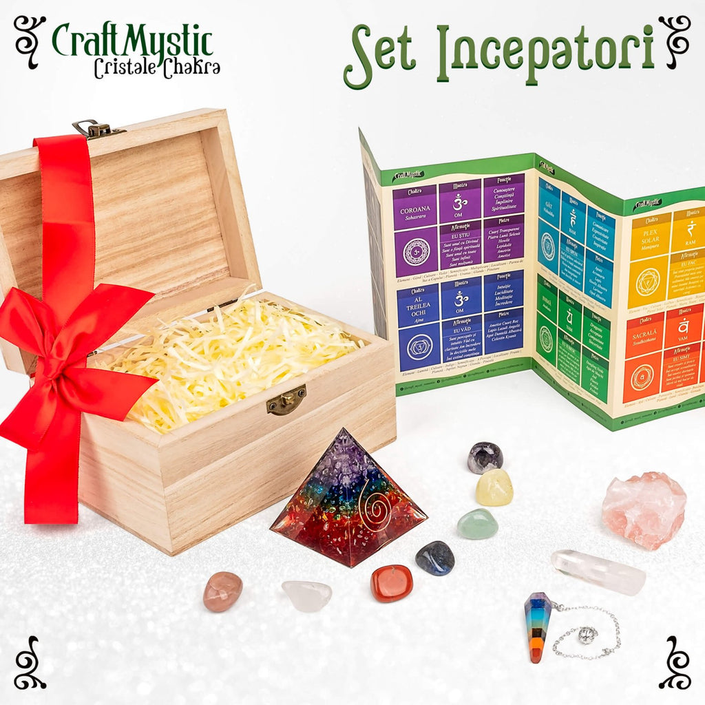 Set premium cu cristale, pietre naturale si piramida orgonica in cutie de lemn - 11 piese pentru meditatie, spiritualitate, echilibrarea chakrelor – Piramida orgonica chakra , pendul chakra, cuart roz