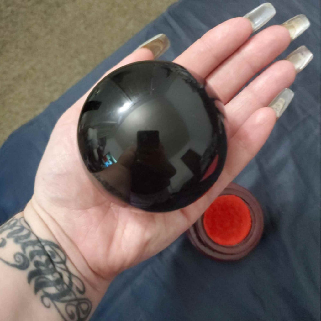 Sfera pudra obsidian negru 80 mm , minge de cristal decorativa, cu suport de lemn - Pentru decor, meditație, vindecare