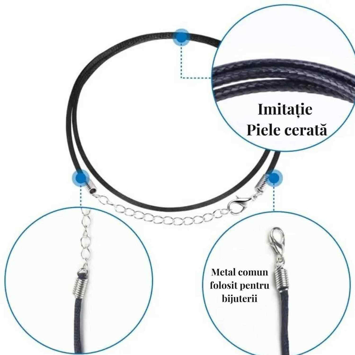 Snur piele artificiala cerata 50 cm cu gaica Argint 925