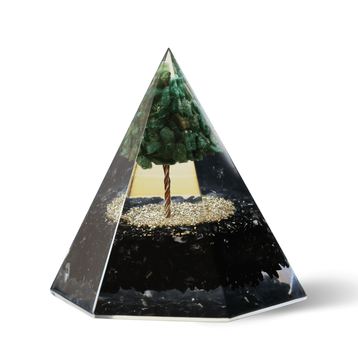 Piramida Orgonica 90 mm Nubiana din Turmalina Neagra si Arborele Vietii Jad Verde