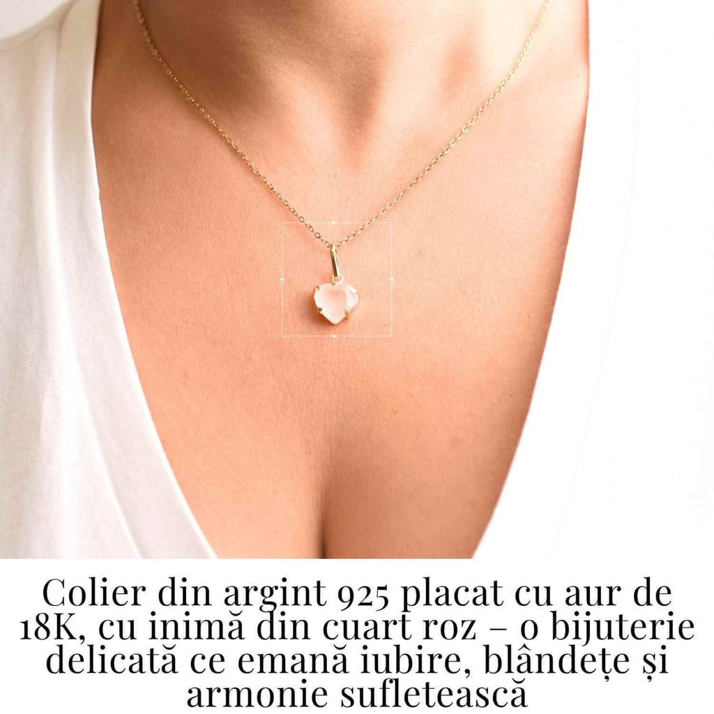 Iubire si Blandete – Colier din Argint 925 Placat cu Aur 18K cu Cuart Roz fatetat in Forma de Inima