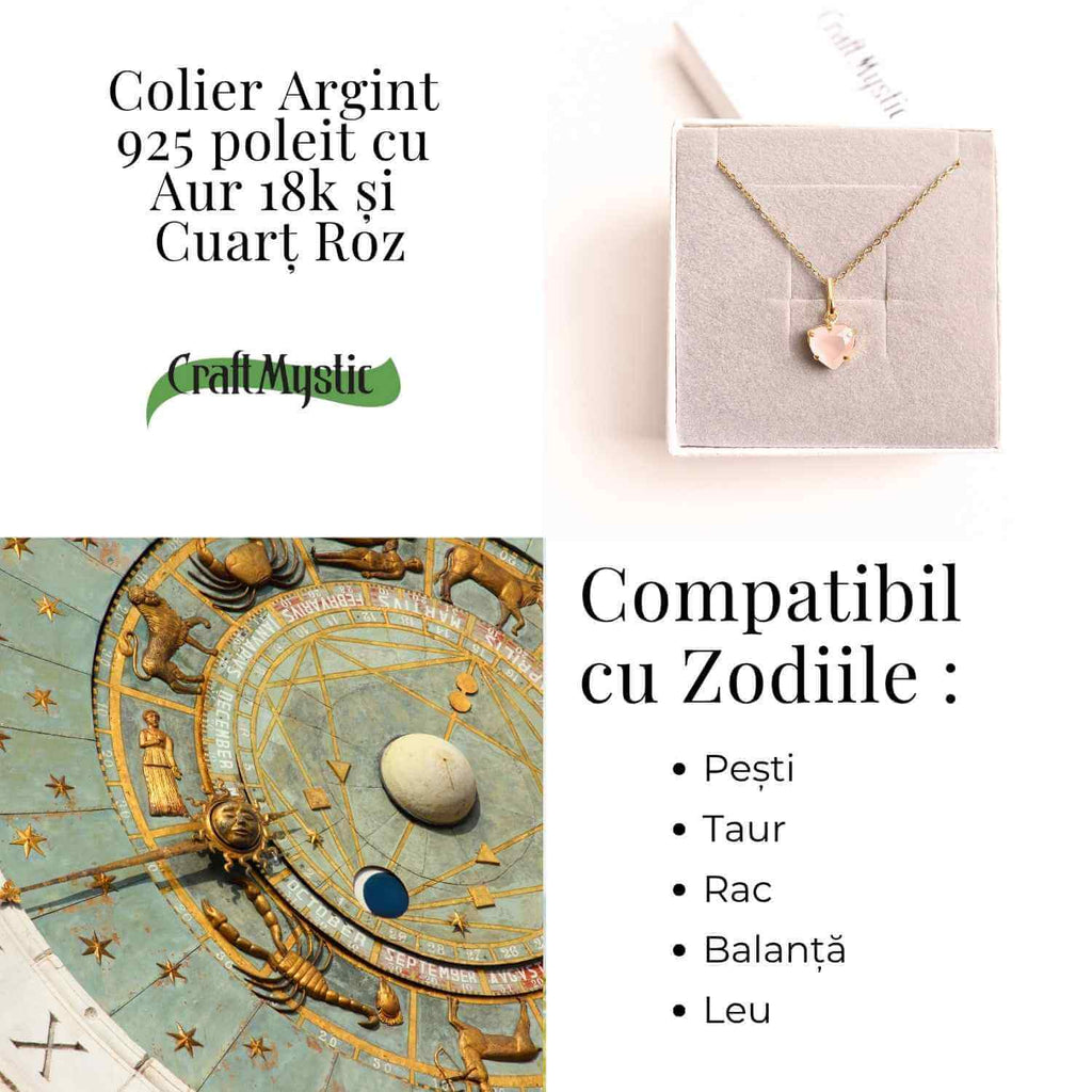 Iubire si Blandete – Colier din Argint 925 Placat cu Aur 18K cu Cuart Roz fatetat in Forma de Inima