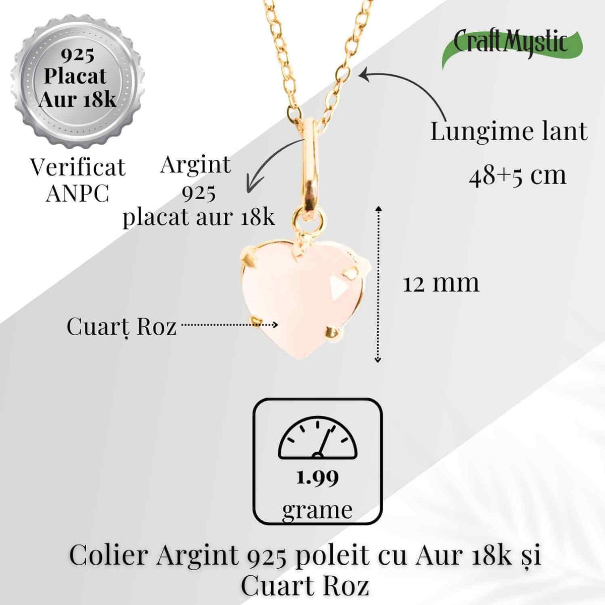 Iubire si Blandete – Colier din Argint 925 Placat cu Aur 18K cu Cuart Roz fatetat in Forma de Inima