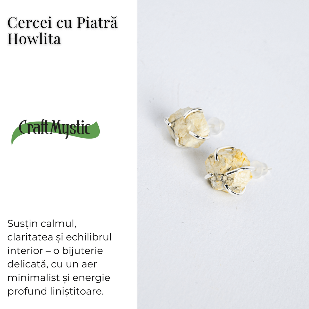 Cercei argintii cu piatra Howlita – Minimalism cu energie linistitoare