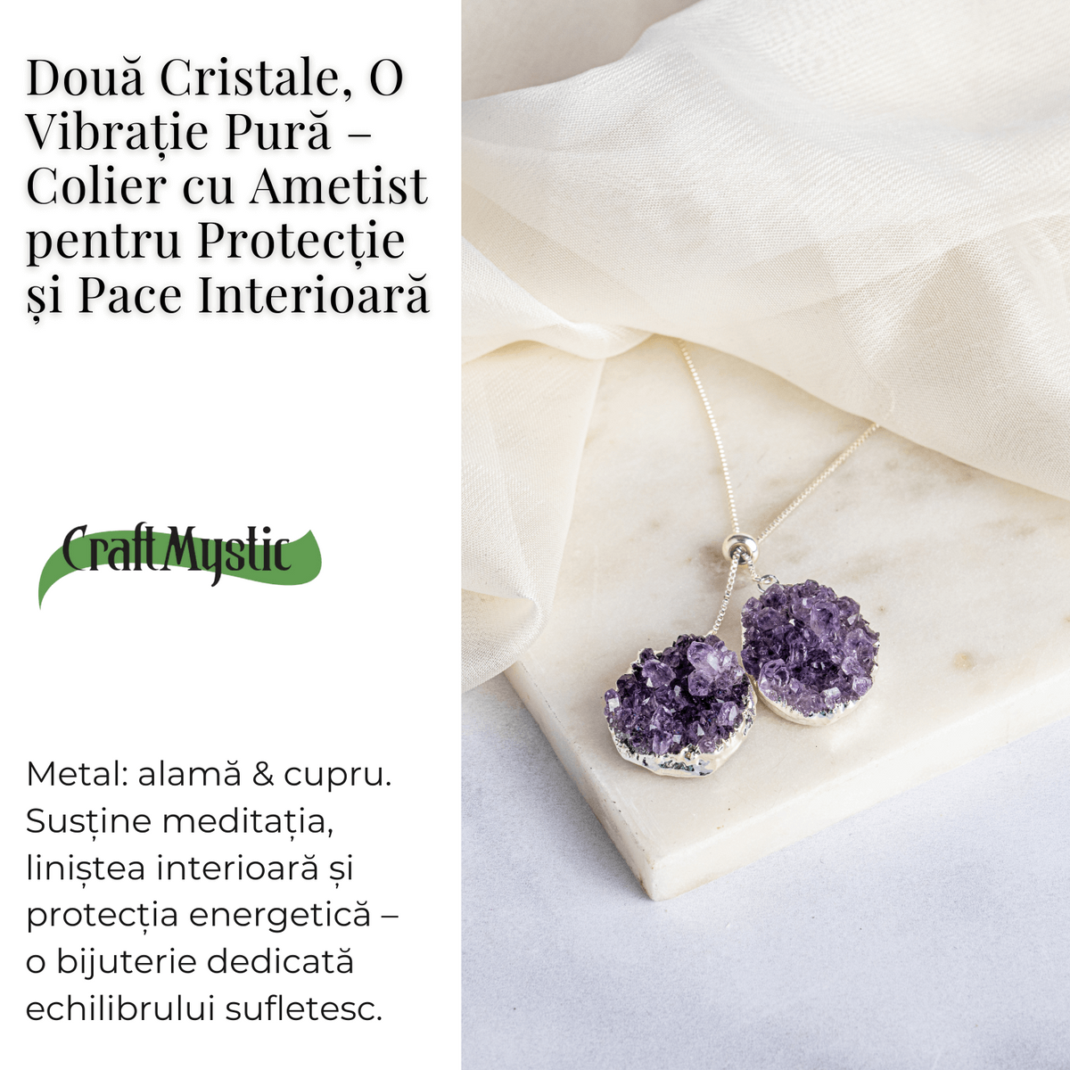Doua cristale, o vibratie pura – Colier cu ametist pentru protectie si pace interioara