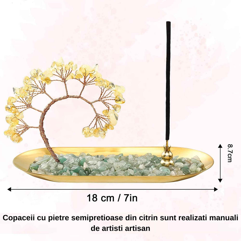 Tava cu suport pentru arzator de betisoare parfumate si copacel din cristale naturale de citrin - Pentru o stare de liniste si relaxare