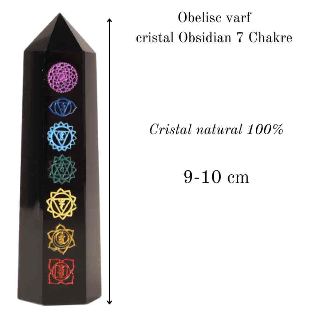 Turn de cristal din Obsidian Negru 9-10 cm cu cele 7 Chakre