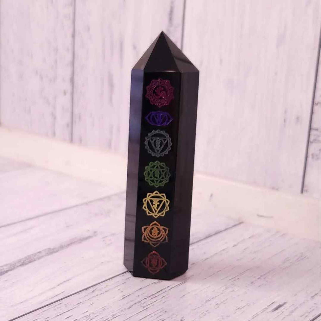 Turn de cristal din Obsidian Negru 9-10 cm cu cele 7 Chakre