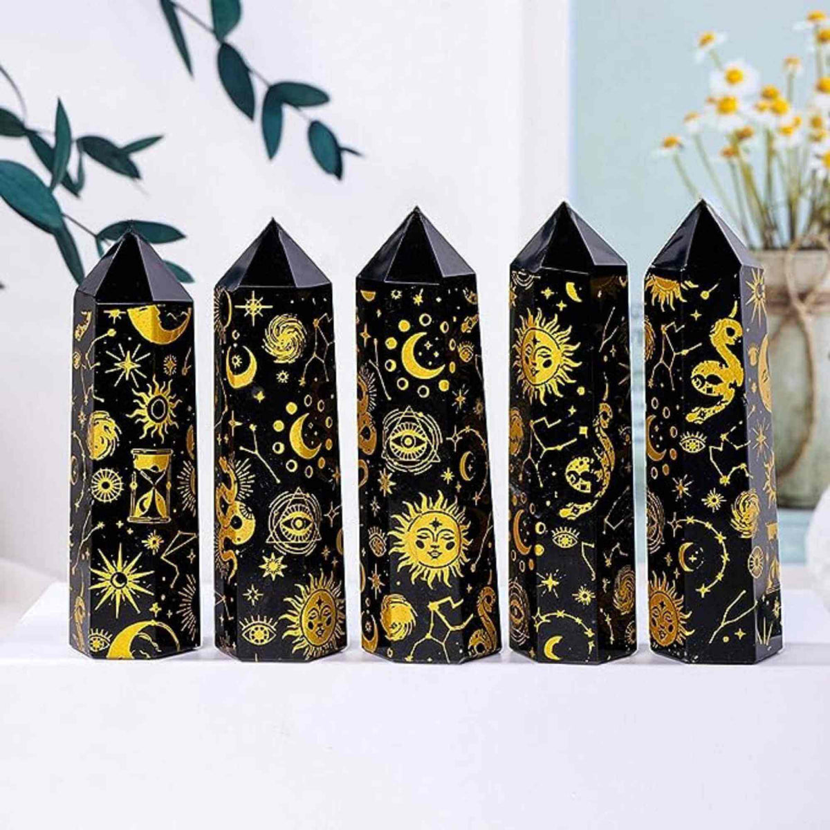 Turn din Cristal de Obsidian Natural de 9-10 cm cu Model Stea si Luna Acoperit cu Auriu - Bagheta pentru decor, meditatie