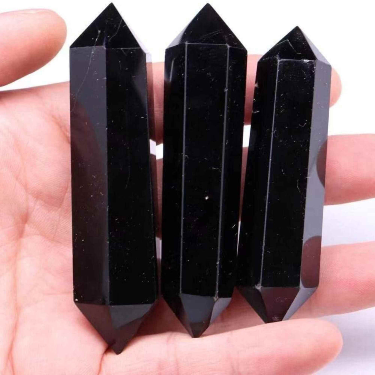 Turn Hexagonal Dublu Varf din Obsidian Negru inaltime de 7-9 cm