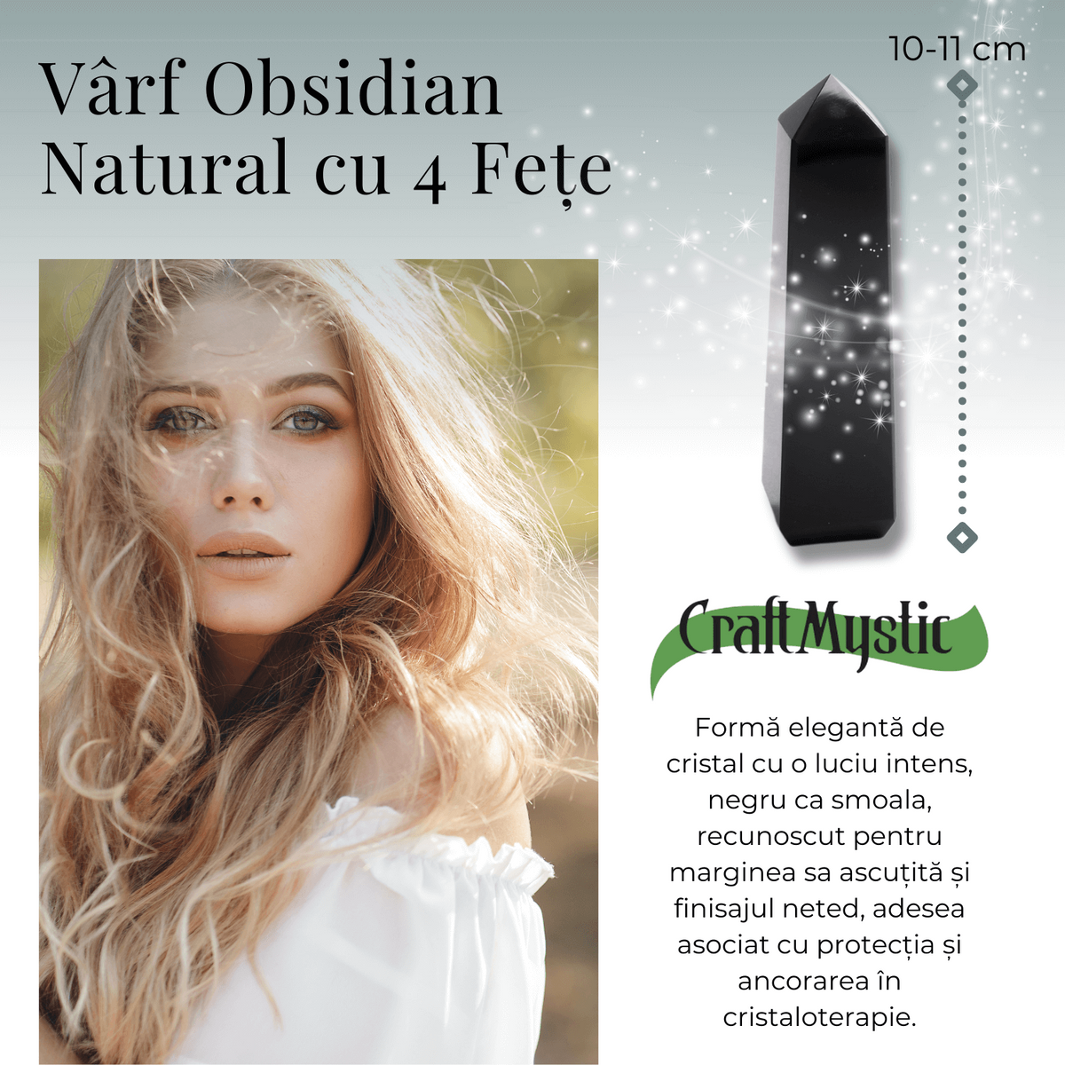 Varf din Obsidian Natural cu 4 Fatete, 10-11 cm