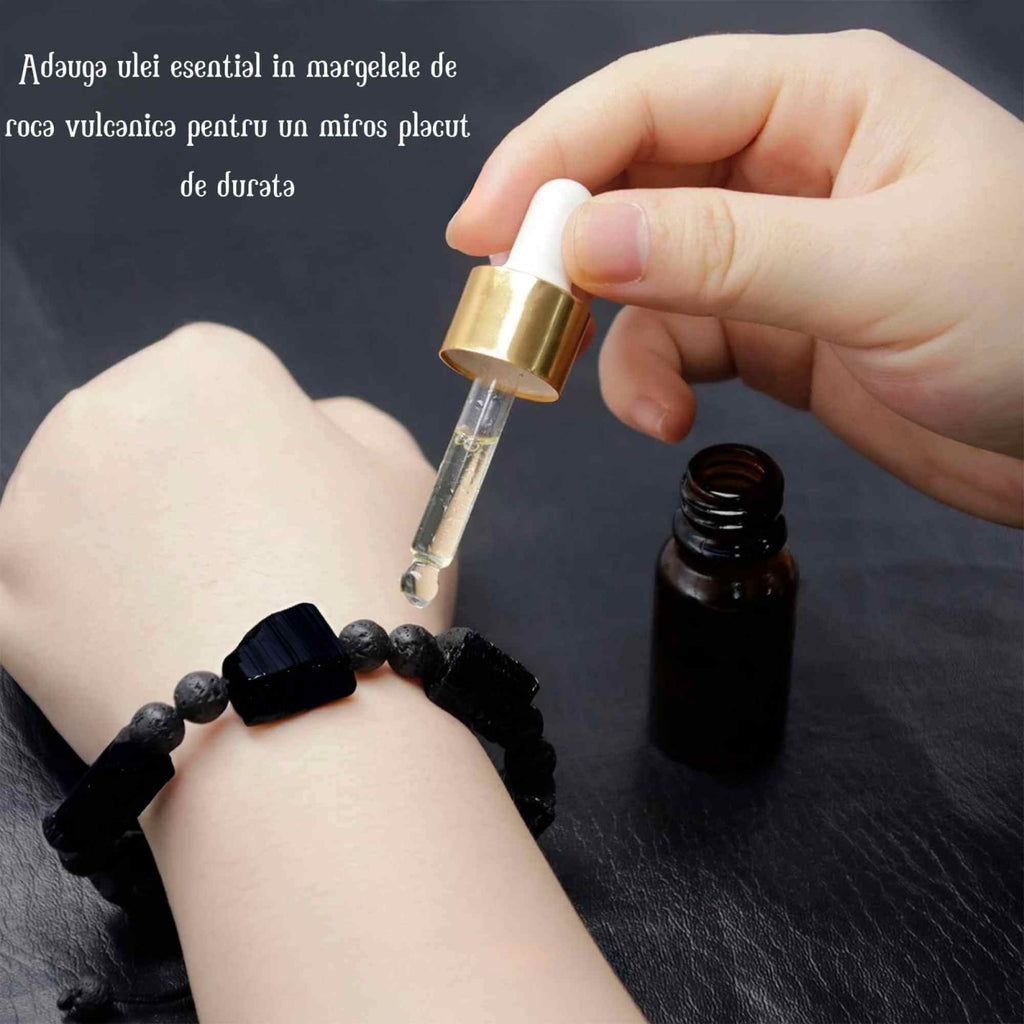 Bratara Ajustabila din Obsidian Negru Brut si Roca Vulcanica Margele de Cristal si Bratara Difuzoare de Ulei Esential pentru Relaxare si Meditatie Yoga