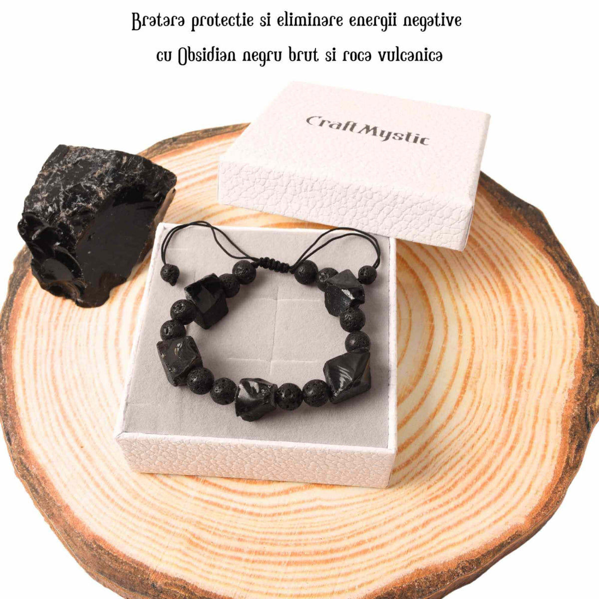 Bratara Ajustabila din Obsidian Negru Brut si Roca Vulcanica Margele de Cristal si Bratara Difuzoare de Ulei Esential pentru Relaxare si Meditatie Yoga